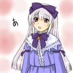  1girl 3.1-tan :d a bangs blunt_bangs bow bowtie capelet dd_(ijigendd) dress expressionless eyebrows eyebrows_visible_through_hair frills hair_bow long_sleeves open_mouth os-tan pink_background purple_bow purple_dress silver_hair simple_background smile solo text upper_body violet_eyes 