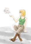 00s 1girl arm_support bird black_eyes blonde_hair boots cagalli_yula_athha clothes_around_waist flying green_shirt gundam gundam_seed knee_boots legs_crossed outdoors outstretched_hand pants shirt short_hair sitting sketch smile solo stairs sweater sweater_around_waist tank_top 