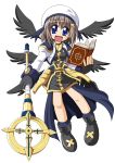  1girl black_wings blue_eyes book brown_hair chibi d.a fingerless_gloves gloves hair_ornament hat lyrical_nanoha mahou_shoujo_lyrical_nanoha mahou_shoujo_lyrical_nanoha_a&#039;s miniskirt schwertkreuz skirt solo staff tome_of_the_night_sky wings x_hair_ornament yagami_hayate 