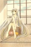  00s 1girl bangs bare_arms barefoot blonde_hair box brown_eyes camisole chii chobits clamp clouds food fruit hair_tubes indoors knees_together_feet_apart long_hair looking_away orange robot_ears sidelocks sitting solo strap_slip tatami very_long_hair window 