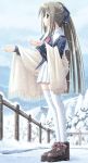  1girl hair_ribbon ribbon scarf school_uniform serafuku snow snowing solo thigh-highs 