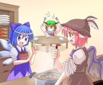  3girls animal_ears bow bowl cat_ears chen cirno cooking_pot des female fish food fork ladle multiple_girls mystia_lorelei pot rice soup spoon table team_9 touhou wings 