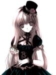  1girl breasts choker cleavage dj_max dj_max_portable dress empty_eyes flower frills gothic gothic_lolita hat lolita_fashion long_hair mini_hat mini_top_hat monochrome original pale_skin pocket_watch ribbon rose shirahane_nao solo staring top_hat watch white_hair wristband 