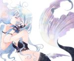  1girl ahoge blue_hair bracelet breasts cleavage closed_eyes from_side hato_rami jewelry lingerie long_hair mermaid midriff monster_girl parted_lips small_breasts solo tattoo tears underwear white_background 