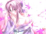  1girl aria blush breasts cleavage collarbone drunk green_eyes japanese_clothes kimono leaf looking_at_viewer mizunashi_akari open_clothes open_kimono sidelocks simple_background solo upper_body white_background 