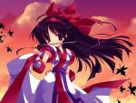  1girl black_hair bow hair_bow hairband japanese_clothes knife leaf long_hair minazuki_haruka mouth_hold nakoruru ribbon samurai_spirits short_sword standing sunset sword weapon 