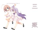  00s 2girls :d ahoge binzume_yousei blonde_hair blue_eyes bottle_fairy dress full_body kanji kururu kururu_(bottle_fairy) mary_janes multiple_girls open_mouth purple_hair rere shoes short_hair simple_background smile text tokumi_yuiko white_background white_dress 