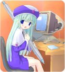  apple_inc. blue_eyes character_request computer green_hair hat imac long_hair looking_at_viewer macintosh os-tan personification stylus tablet takayaki 