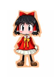  1girl adapted_costume bangs black_eyes black_hair black_legwear bow brown_shoes chibi dress female full_body hair_bow hair_tubes hakurei_reimu kneehighs long_sleeves red_bow red_dress sailor_collar shoes short_hair simple_background solo standing tao tao_(kadoya) touhou white_background 