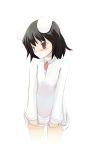  1girl animal_ears black_hair blush carrot_necklace clear_cross cowboy_shot female inaba_tewi long_sleeves looking_away rabbit_ears red_eyes short_hair simple_background solo standing sweat touhou white_background 