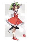  1girl animal_ears bow bowtie brown_hair cat_ears cat_tail chen dress earrings hat jewelry long_sleeves mob_cap multiple_tails nappooz petticoat puffy_long_sleeves puffy_sleeves red_dress red_shoes shoes short_dress short_hair slit_pupils tail touhou two_tails yellow_eyes 