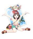  1girl :d alolan_exeggutor arms_up bag bangs bare_arms bare_legs beanie bird black_eyes black_hair blue_sky clouds cloudy_sky collarbone exeggutor eyebrows eyebrows_visible_through_hair female_protagonist_(pokemon_sm) floral_print full_body green_shorts handbag hat highres hj_(leeho830) open_mouth owl palm_tree pokemon pokemon_(creature) pokemon_(game) pokemon_sm red_hat rowlet shirt shoes short_hair short_sleeves shorts simple_background sitting sky smile sneakers solo stamp teeth tied_shirt tree white_background wristband yellow_shirt 