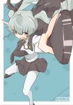  1girl anchovy artist_name bangs belt black_necktie black_shoes black_skirt blue_background cape cbgb dress_shirt drill_hair emblem foreshortening full_body girls_und_panzer green_hair hair_ribbon loafers long_hair long_sleeves looking_at_viewer miniskirt necktie open_mouth out_of_frame pantyhose pleated_skirt polka_dot polka_dot_background red_eyes ribbon riding_crop school_uniform shirt shoes signature skirt smile solo standing twin_drills twintails white_legwear white_shirt 