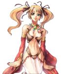  1girl bare_shoulders blonde_hair bow breasts cleavage detached_sleeves earrings green_eyes gypsy gypsy_(ragnarok_online) hair_bow hair_ribbon harem_pants jewelry long_hair lowres midriff myung-jin_lee nail_polish official_art pants purple_nails ragnarok_online ribbon smile solo transparent_background twintails 