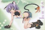  1girl absurdres all_fours animal_ears arched_back ass back bell belt blue_hair blush breasts butt_crack cat_ears cat_tail cleavage collar crop_top dimples_of_venus fur highres izumi_ako jingle_bell legs mahou_sensei_negima! megami midriff no_panties ookaji_hiroyuki open_clothes open_fly open_shorts paw_pose paws pinup purple_hair ribbon scan short_hair short_shorts shorts smile solo tail tail_bell tail_ribbon unzipped yellow_eyes 