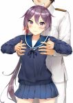  1boy 1girl admiral_(kantai_collection) akebono_(kantai_collection) bell blush breast_grab commentary_request flower grabbing grabbing_from_behind grin guided_breast_grab hair_bell hair_bobbles hair_flower hair_ornament highres jingle_bell kantai_collection long_hair looking_at_viewer neck_ribbon pleated_skirt purple_hair ribbon school_uniform serafuku side_ponytail skirt smile somalisu sweater very_long_hair 