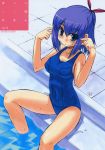  1girl :o blue_eyes blush breasts cover cover_page doujinshi erect_nipples feet_in_water fujino_shion hair_ribbon hatsu_inu highres inu legs one-piece_swimsuit open_mouth pool poolside purple_hair ribbon school_swimsuit shion_fujino short_hair sideboob sitting small_breasts soaking_feet solo swimsuit water wet 
