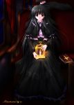  1girl black_eyes black_hair book candle cross curtains dress es_(glasscastle) highres long_hair original short_hair signature sitting solo upscaled 