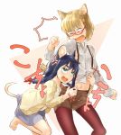  /\/\/\ 2girls :d anger_vein angry animal_ears aqua_eyes barefoot black_hair blonde_hair cat_ears cat_tail clenched_hands eyebrows glasses hair_ornament hair_ribbon hairclip jacket kasai_jushi long_hair midriff mouse_ears mouse_tail multiple_girls navel open_clothes open_jacket open_mouth original pantyhose ponytail red_eyes red_legwear ribbon semi-rimless_glasses shirt shirt_lift shorts simple_background skirt smile standing standing_on_one_leg suspenders tail thick_eyebrows under-rim_glasses 