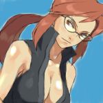  1girl :| artist_request blue_background breasts brown_eyes brown_hair cleavage elite_four female glasses kanna_(pokemon) large_breasts long_hair lowres nintendo open_clothes open_shirt pokemon ponytail shirt simple_background sleeveless solo source_request 