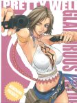  00s 1girl armband armpits artbook belt belt_pouch blue_eyes breasts brown_hair capelet cleavage crop_top dual_wielding erect_nipples final_fantasy final_fantasy_x final_fantasy_x-2 gangsta_hold glamorous_colors_1 gun hair_ornament halterneck handgun lace large_breasts long_hair midriff momoi_nanabei no_bra one_eye_closed pistol ponytail pretty_well scan short_shorts shorts skirt smile solo tattoo very_long_hair weapon wink yuna yuna_(ff10) 