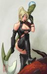  1girl armband axe blonde_hair blue_eyes breasts cleavage earrings elbow_gloves gloves high_heels jewelry key_hole_neck_line key_hole_neck_line_top large_breasts leather ninja_gaiden rachel_(ninja_gaiden) shoes strap thigh-highs weapon 