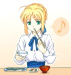  1girl blonde_hair blouse chopsticks eating fate/stay_night fate_(series) food green_eyes happy musical_note potato_house quaver ribbon saber smile solo speech_bubble spoken_musical_note 