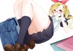  1girl :o adjusting_glasses aikatsu! bag bag_removed bangs bare_arms black_legwear black_skirt blonde_hair blouse breasts brown_shoes chestnut_mouth eyebrows eyebrows_visible_through_hair from_below glasses hair_bobbles hair_ornament hairband hairclip hoshimiya_ichigo kneehighs knees_up loafers long_hair looking_at_viewer lying neckerchief notebook on_back pleated_skirt red-framed_eyewear red_eyes red_ribbon reio_reio ribbon school_bag school_uniform serafuku shoes simple_background skirt small_breasts solo twintails white_background white_blouse 