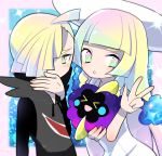  &gt;_&lt; 1boy 1girl :d ahoge awayuki7777 blonde_hair blush brother_and_sister closed_eyes cosmog covering_mouth gladio_(pokemon) lillie_(pokemon) multicolored_eyes open_mouth pokemon pokemon_(game) pokemon_sm siblings smile sparkle star v xd 