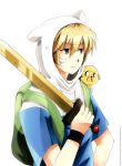  1boy adventure_time blonde_hair blue_eyes finn hat jake peppermoonflakes short_hair simple_background solo sword weapon white_background wristband 