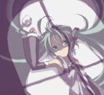  1girl arm_up collared_shirt cup detached_sleeves drinking_glass frills green_eyes grey_shirt hair_between_eyes hair_ornament hatsune_miku headphones kuro_(kuroneko_no_kanzume) long_hair looking_at_viewer lying necktie on_back open_mouth shade shirt solo tagme twintails upper_body vocaloid wine_glass 