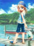  1girl :d bag bandanna blonde_hair blue_eyes blue_sky blush boat camisole carrying clouds dock full_body goto_p head_scarf looking_at_viewer no_legwear ocean open_mouth original outdoors palm_tree pier plant sandals shorts sky smile solo tree walking water 