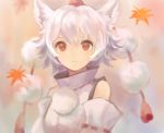  1girl animal_ears autumn_leaves detached_sleeves expressionless hair_between_eyes hat inubashiri_momiji leaf looking_at_viewer maple_leaf okakan pom_pom_(clothes) portrait red_eyes red_hat shirt short_eyebrows short_hair solo tokin_hat touhou turtleneck white_hair white_shirt wolf_ears 