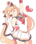  1girl 90s animal_ears bad_id bishoujo_senshi_sailor_moon bishoujo_senshi_sailor_moon_supers blonde_hair blue_eyes blush bow cat_ears cat_tail choker cocopps double_bun elbow_gloves gloves hair_ornament hairpin heart kemonomimi_mode long_hair magical_girl multicolored_skirt pleated_skirt red_bow ribbon sailor_moon skirt smile solo source_request stretch super_sailor_moon tail tiara tsukino_usagi twintails white_background white_gloves wink 