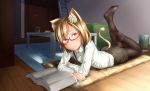  1girl animal_ears blonde_hair book cat_ears cat_tail check_commentary commentary commentary_request feet_up glasses hair_ornament hairclip kasai_jushi looking_at_viewer lying on_stomach original pantyhose red_eyes room shirt skirt solo sunlight suspenders tail 