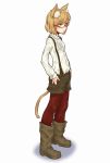  1girl animal_ears blonde_hair boots cat_ears cat_tail glasses hair_ornament hands_in_pockets kasai_jushi orange_eyes original pantyhose red_legwear semi-rimless_glasses shirt shorts simple_background solo standing suspenders tail under-rim_glasses 