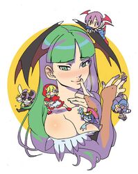  6+girls bat_print between_breasts breasts bulleta capcom chibi demon_girl felicia green_hair head_wings lei_lei lilith_aensland long_hair minigirl morrigan_aensland multiple_girls nam nanboku pantyhose print_legwear q-bee succubus vampire_(game) 