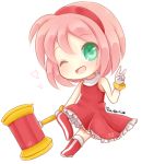  1girl amy_rose boots bracelets chibi dress gloves green_eyes hammer headband heart open_mouth pink_hair short_hair smile solo tagme thigh_highs winking 