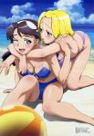  2girls absurdres ball beach beachball bent_over bikini black_hair blonde_hair blue_eyes blush breasts cleavage clouds earrings elliot_chandler fujii_tomoyuki green_eyes hairband highres hug jewelry large_breasts lena_sayers long_hair megami multiple_girls my-otome my-otome_s.ifr one_eye_closed short_hair sweat swimsuit water wink yuri 