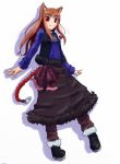  1girl animal_ears arms_at_sides black_skirt holo long_hair long_skirt long_sleeves looking_at_viewer orange_hair red_eyes sidelocks simple_background skirt solo spice_and_wolf sweater white_background wolf_ears 