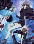  1girl 3boys absurdres black_hair blonde_hair blue_eyes cape cloak fay_d_flourite highres holding holding_sword holding_weapon kikuchi_youko kurogane kurogane_(tsubasa_chronicle) long_sleeves looking_at_viewer multiple_boys official_art promotional_art sakura_hime short_hair short_shorts shorts sidelocks spiky_hair sword tattoo thigh_strap thighs tsubasa_chronicle tsubasa_tokyo_revelations upper_body weapon xiaolang 