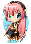  1girl blue_background blush boots chibi green_eyes headset keitenstudio long_hair megurine_luka musical_note navel pink_hair simple_background smile solo thighhighs vocaloid 