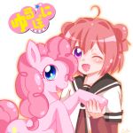 2girls ahoge akaza_akari bangs blue_eyes blush charmyamber commentary_request copyright_name crossover double_bun hand_holding multiple_girls my_little_pony my_little_pony_friendship_is_magic one_eye_closed open_mouth pink_hair pinkie_pie pony redhead sailor_collar sidelocks simple_background violet_eyes white_background yuru_yuri 