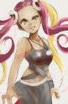  1girl bare_arms blonde_hair crop_top eyeshadow female hair_ornament highres holding holding_poke_ball jewelry kogal long_hair looking_at_viewer makeup multicolored_hair myouji_namawe necklace pink_hair plumeri_(pokemon) poke_ball pokemon pokemon_(game) pokemon_sm skull_hair_ornament solo tank_top teeth twintails two-tone_hair uneven_eyes yellow_eyes 