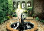  1girl angel barefoot bell bench bird bird_on_hand blonde_hair breasts brick chemise fountain garden glowing light lips mugon nature original plant pool potted_plant reflection ripples scenery see-through sitting solo tree water wet wet_clothes 