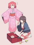  2girls bangs black_hair blunt_bangs comb commentary_request dressing floral_print flying_sweatdrops green_eyes hair_ornament highres japanese_clothes jewelry_box kasa_list kimono kurosawa_dia kurosawa_ruby long_hair love_live! love_live!_sunshine!! multiple_girls new_year obi open_mouth redhead sash seiza simple_background sitting standing two_side_up wide_sleeves 