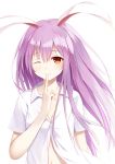  1girl animal_ears breasts cleavage collarbone finger_to_mouth flan_(seeyouflan) hair_between_eyes highres lavender_hair long_hair looking_at_viewer navel one_eye_closed orange_eyes rabbit_ears reisen_udongein_inaba shirt short_sleeves simple_background smile solo touhou unbuttoned upper_body white_background white_shirt 