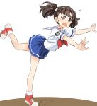  /\/\/\ 1girl abe_kanari badge black_hair blue_skirt brown_eyes high_school_fleet long_hair neckerchief open_mouth outstretched_arms pleated_skirt red_neckerchief school_uniform serafuku shiretoko_rin shoes skirt sneakers standing standing_on_one_leg tripping twintails wavy_mouth 