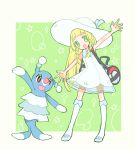  bag bangs braid brionne dress hat kneehighs lillie_(pokemon) long_hair outstretched_arms pokemon pokemon_(game) pokemon_sm pose simple_background smile spread_arms sundress to_iz_ 