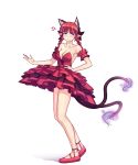  1girl alternate_costume animal_ears blush bow braid cat_ears cat_tail closed_mouth dress extra_ears full_body hair_bow hater_(hatater) highres kaenbyou_rin looking_to_the_side multiple_tails nekomata open_eyes pointy_ears red_dress red_eyes redhead simple_background solo tagme tail touhou twin_braids white_background 